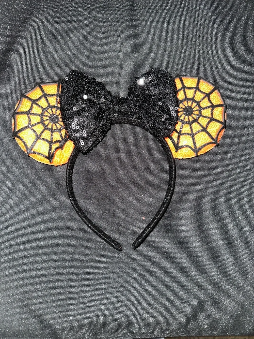 Halloween Black and Orange Spiderweb Sequin Minnie Ears Headband - Kids Costume